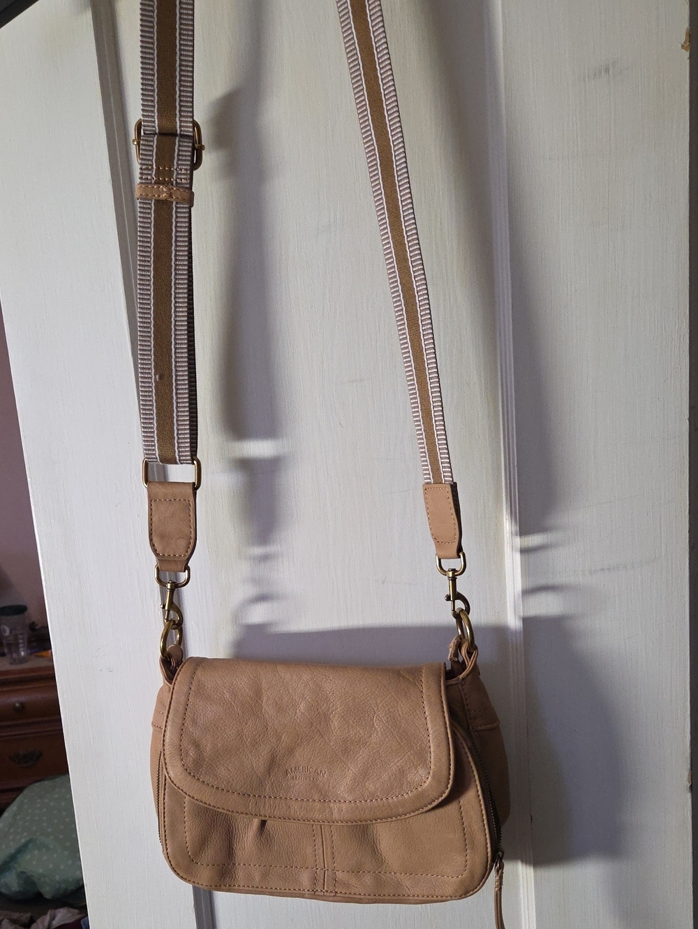 Women’s Tan Crossbody Purse with Striped Adjustable Strap